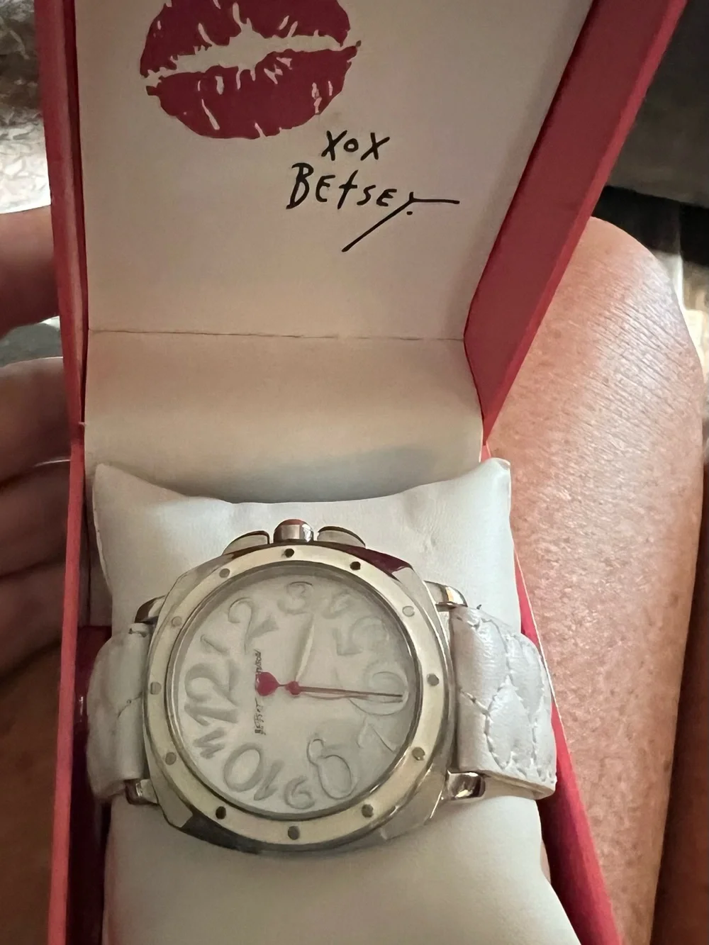Betsey Johnson White Quilted Strap Silver-Tone Dial Watch with Red Hand